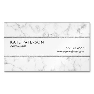 Trendy White Marble Silver Glitter Stripes Magnetic Business Card