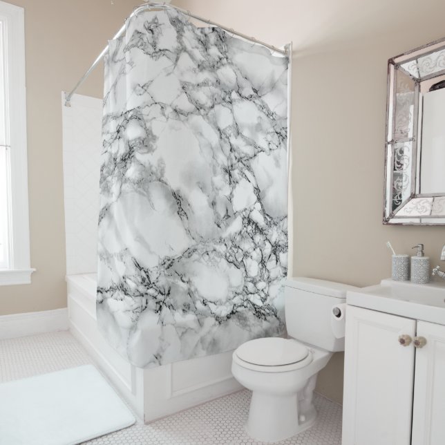 Trendy White Marble Stone Shower Curtain (In Situ)