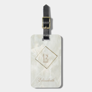 Trendy White Marble Texture, Monogram-Personalised Luggage Tag