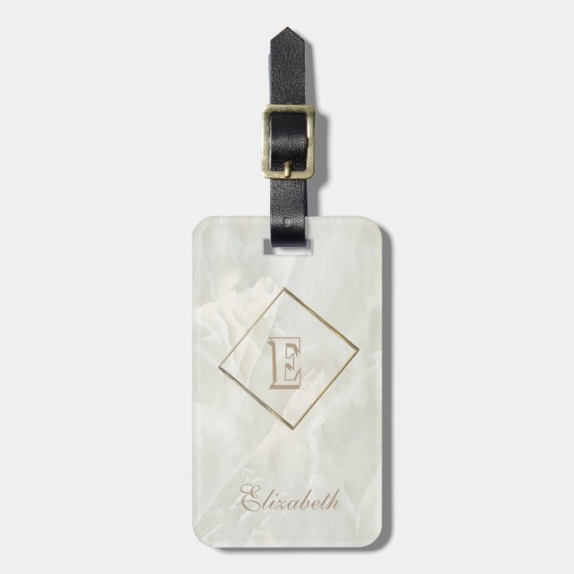 Trendy White Marble Texture, Monogram-Personalised Luggage Tag (Front Vertical)