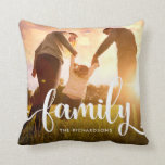 Trendy White Overlay | Your Family Photo Cushion<br><div class="desc">This stylish and fun pillow features the word "family" in modern and whimsical white text,  with room for your family name. Your favourite family photo fills the background.</div>