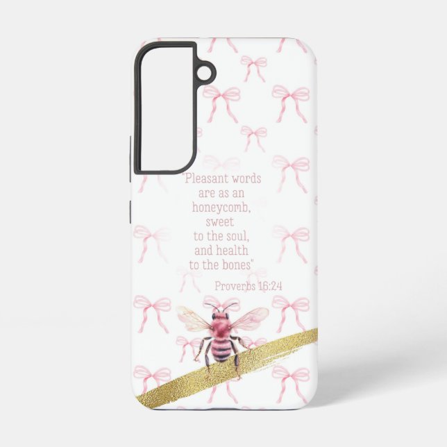 Trendy White Pink Coquette Grid Faith Pink Bee Samsung Galaxy S22 Case (Back)