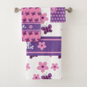 Trendy White Pink Purple Flowers Butterflies Kid's Bath Towel Set