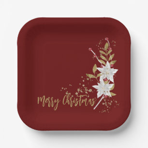 Trendy White Poinsettia Burgundy Gold Glitter Paper Plate