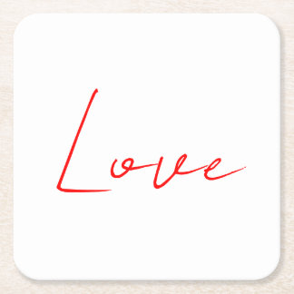 Trendy White Red Love Wedding Handwriting Name Square Paper Coaster