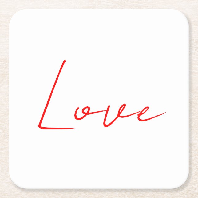 Trendy White Red Love Wedding Handwriting Name Square Paper Coaster (Front)