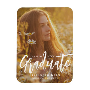 Trendy White Script   Graduation Announcement Magnet