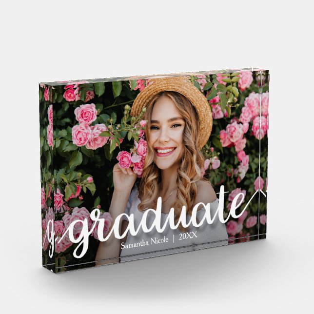 Trendy White Script Graduation Modern Photo Block (Left)