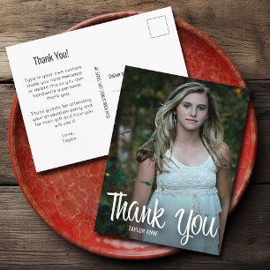 Trendy White Script Thank You Photo Graduation Postcard