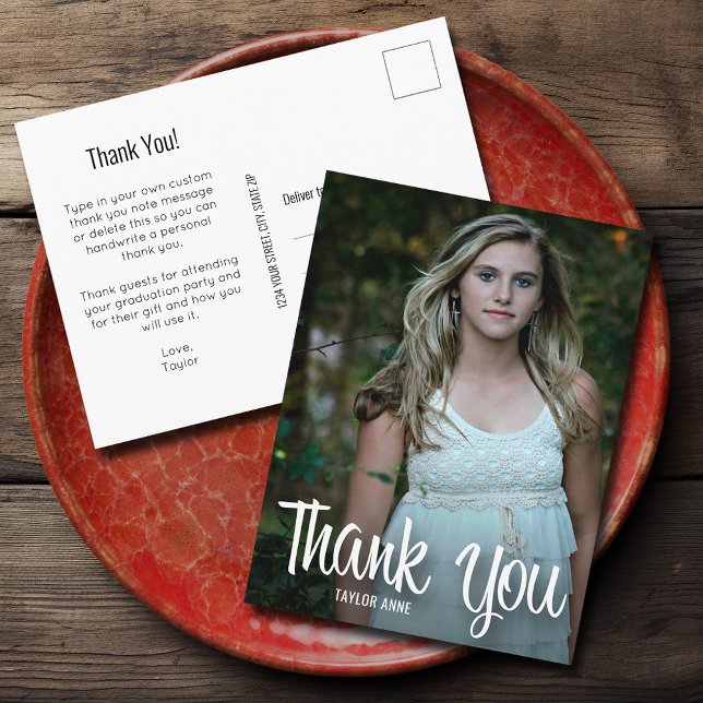 Trendy White Script Thank You Photo Graduation Postcard (Graduation thank you postcards feature your photo o the front and your message on the back)