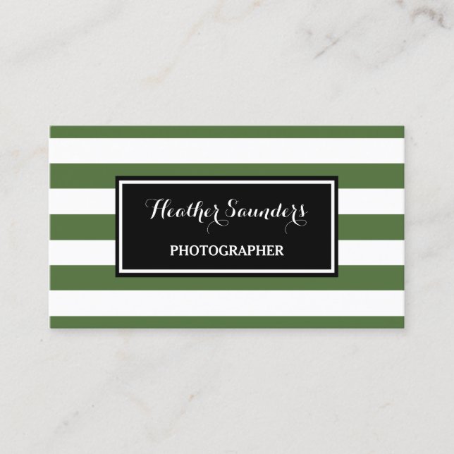 Trendy Wide Green and White Stripes Photographer Business Card (Front)
