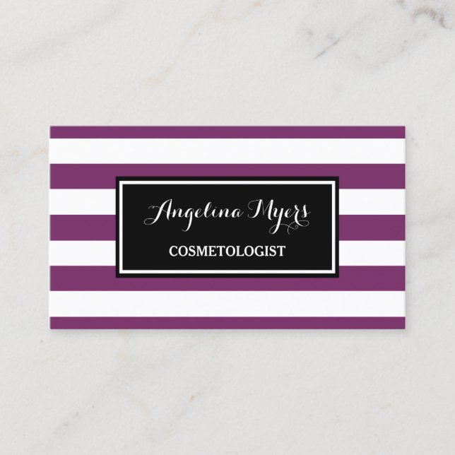 Trendy Wide Purple and White Stripes Cosmetologist Business Card (Front)