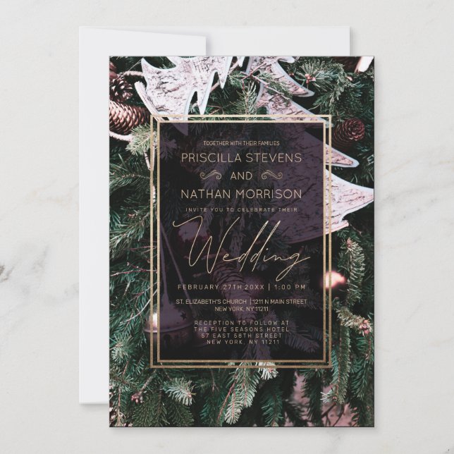 Trendy Winter Christmas Tree Gold Border Wedding Invitation (Front)