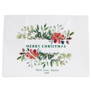 Trendy Winter Green Leaves with Red Flowers Large Gift Bag
