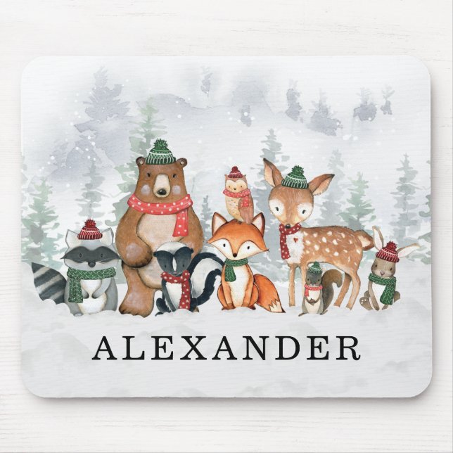 Trendy Winter Woodland Forest Baby Animals Mouse Mat (Front)
