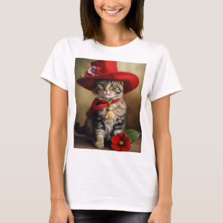 Trendy Women's T-Shirt Featuring Cool Cat with Red