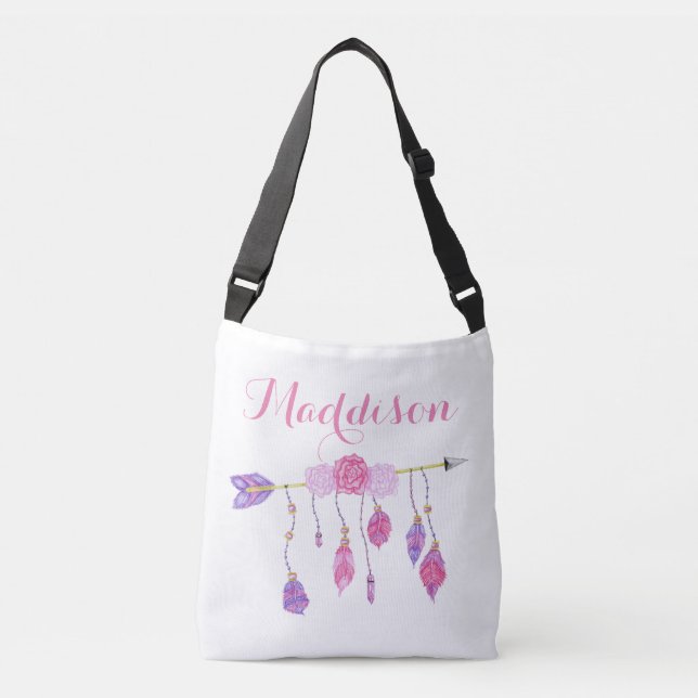 Trendy Women's Teen Girls Boho Arrow Feather Rose Crossbody Bag (Front)