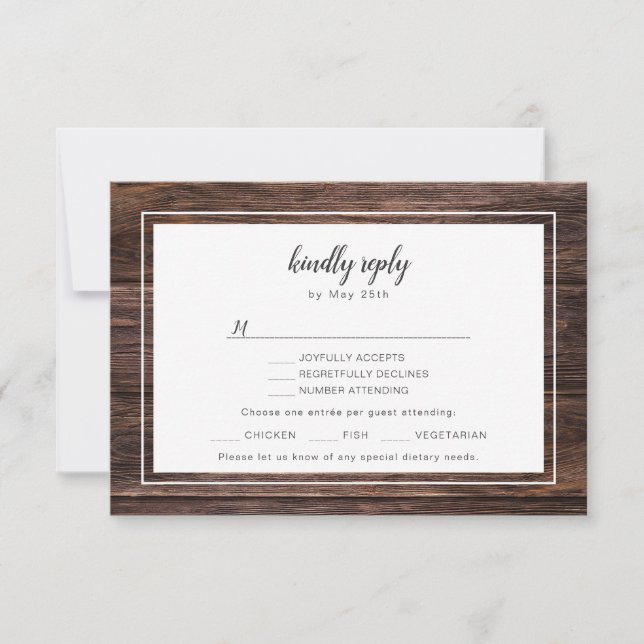 Trendy wood and lace wedding RSVP + entree choice (Front)