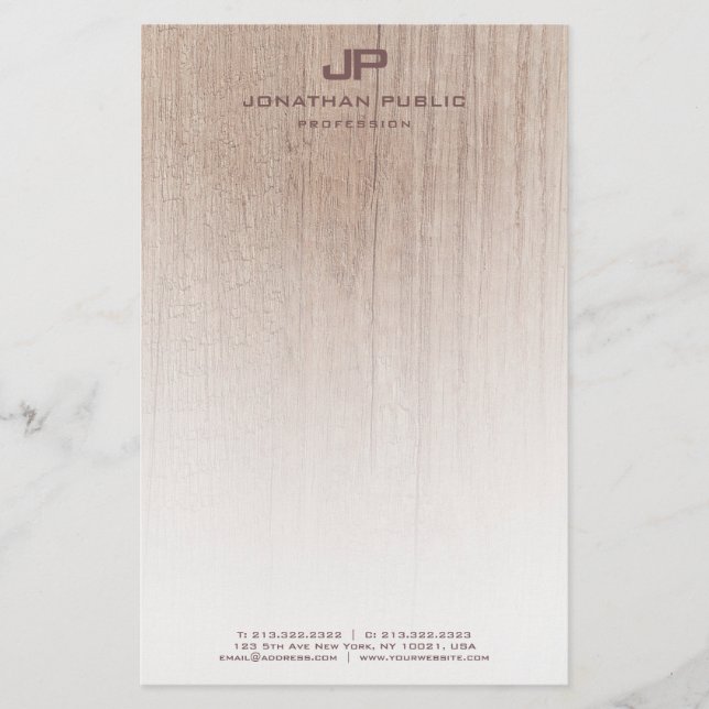 Trendy Wood Look Elegant Monogram Modern Template Stationery (Front)