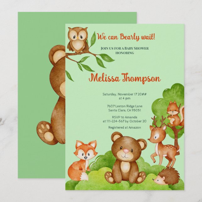 Trendy Woodland Forest friends Animals Baby Shower Invitation (Front/Back)