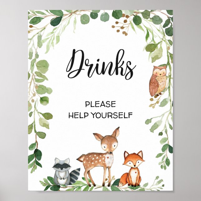 Trendy Woodland Modern Drinks Baby Shower Sign (Front)