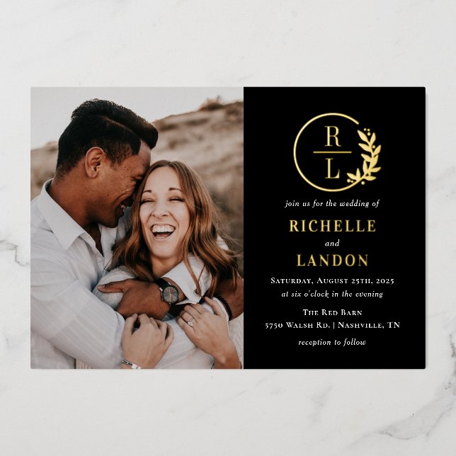 Trendy Wreath FOIL Photo Wedding Invitation (Front)