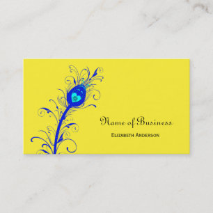 Trendy Yellow and Blue Peacock Feather Business Card
