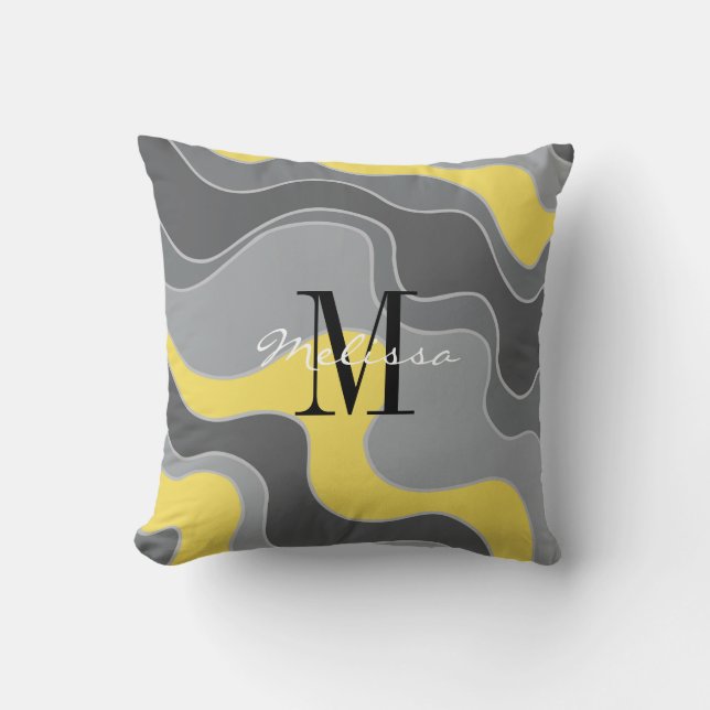 Trendy Yellow and Grey Ocean Waves Monogrammed Cushion (Front)