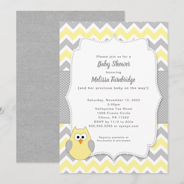 Trendy Yellow and Grey Owl Girl Baby Shower Invitation (Front/Back)