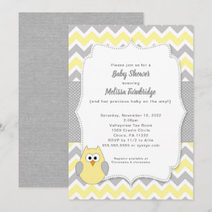 Trendy Yellow and Grey Owl Girl Baby Shower Invitation