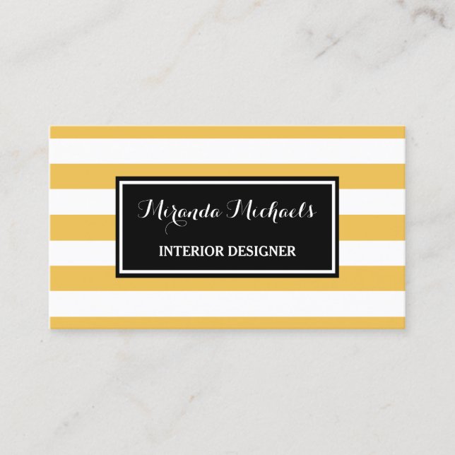 Trendy Yellow and White Stripes Interior Designer Business Card (Front)