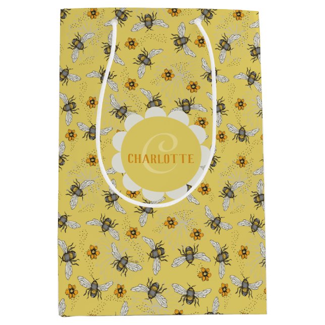 Trendy Yellow Buzzing Spring & Summer Honeybee  Medium Gift Bag (Front)