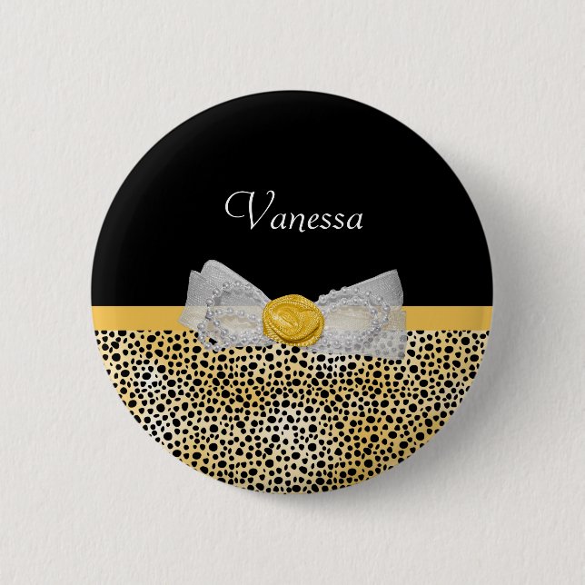 Trendy Yellow Cheetah Print Fancy Bow and Name 6 Cm Round Badge (Front)