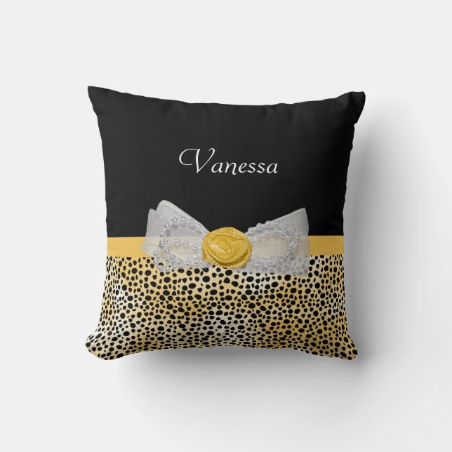 Trendy Yellow Cheetah Print Fancy Bow and Name Cushion (Front)