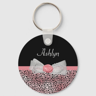Trendy Yellow Cheetah Print Fancy Bow and Name Key Ring