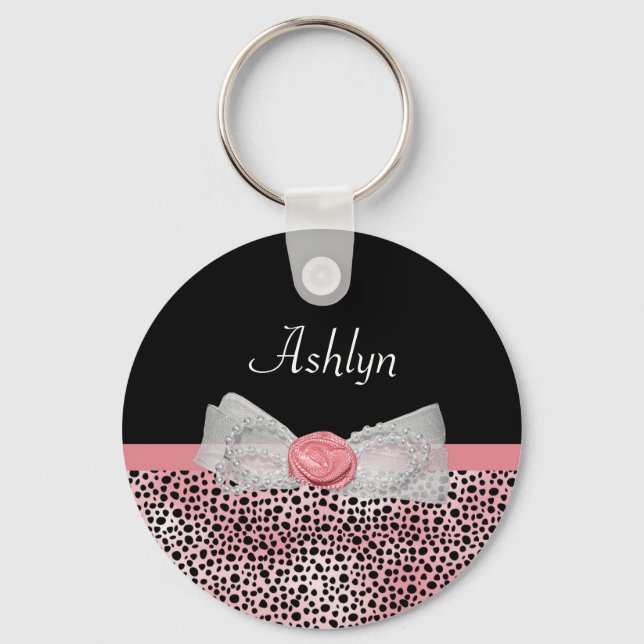 Trendy Yellow Cheetah Print Fancy Bow and Name Key Ring (Front)