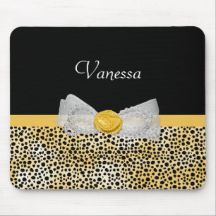 Trendy Yellow Cheetah Print Fancy Bow and Name Mouse Mat