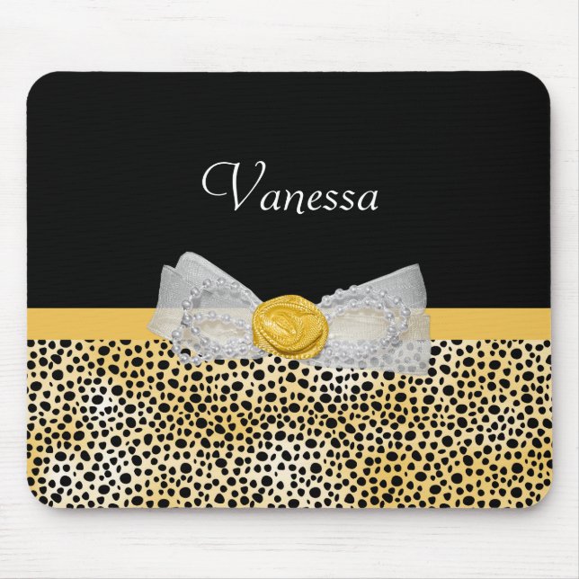Trendy Yellow Cheetah Print Fancy Bow and Name Mouse Mat (Front)