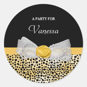 Trendy Yellow Cheetah Print Fancy Bow Party Name Classic Round Sticker