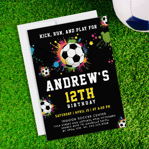 Trendy Yellow Colourful Soccer Ball Kid Party Invitation