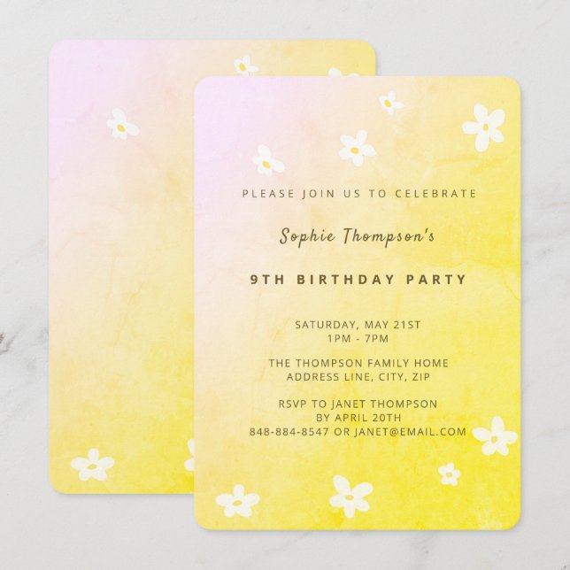 Trendy Yellow Cute Daisies Girl Birthday Party Invitation (Front/Back)
