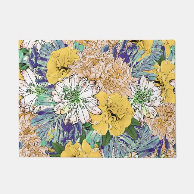 Trendy Yellow & Green Floral Girly Illustration Doormat (Front)