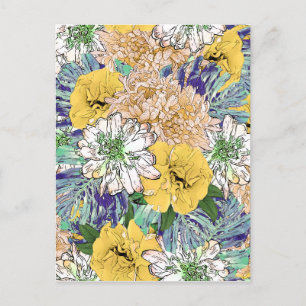 Trendy Yellow & Green Floral Girly Illustration Holiday Postcard