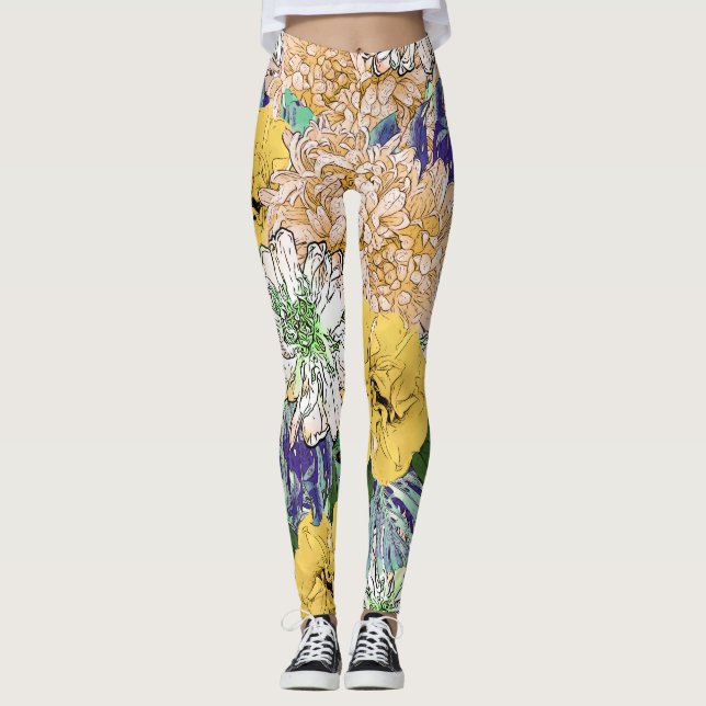 Trendy Yellow & Green Floral Girly Illustration Leggings (Front)
