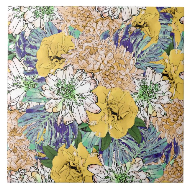 Trendy Yellow & Green Floral Girly Illustration Tile (Front)