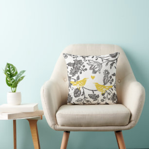 Trendy Yellow Grey and White Floral Bird Pattern Cushion