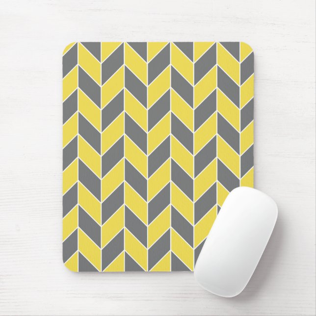 Trendy Yellow Grey Geometric Herringbone Chevron Mouse Mat (With Mouse)