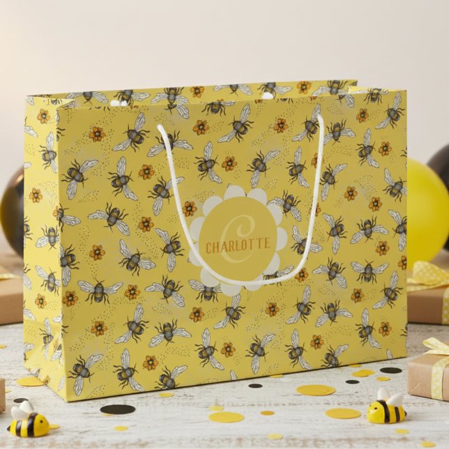 Trendy Yellow Honeybee & Flowers Large Gift Bag (Yellow Floral Bee Gift Bags for Nature Lover. Botanical Vintage Honeybee & Flowers Pattern For Her )