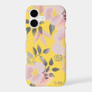 Trendy Yellow Pink Floral Pattern with Monogram