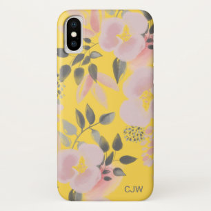 Trendy Yellow Pink Floral Pattern with Monogram iPhone X Case